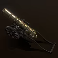 Vintage Brass Cannon With Decorative Details And Wheeled Base As Historical Weapon