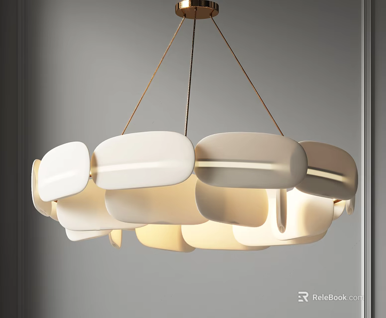 Modern Block Shaped Chandelier With White And Beige Panels And Soft Gold Hanging 3d model 
