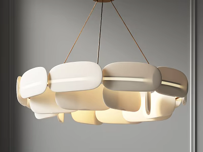 Modern Block Shaped Chandelier With White And Beige Panels And Soft Gold Hanging 3d model