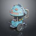 Blue Mechanical Dynamo Device with Wheels Pipes and Round Top Structure 3d model