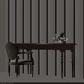 Elegant Wooden Desk with Chair Beside Sunlight Shadows on Vertical Striped Wall and Books Decorations