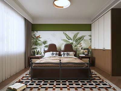 Cozy Bedroom Double Bed Plant Patterned Wall Green Walls White Curtains Geometric Rug Round Light 3d model