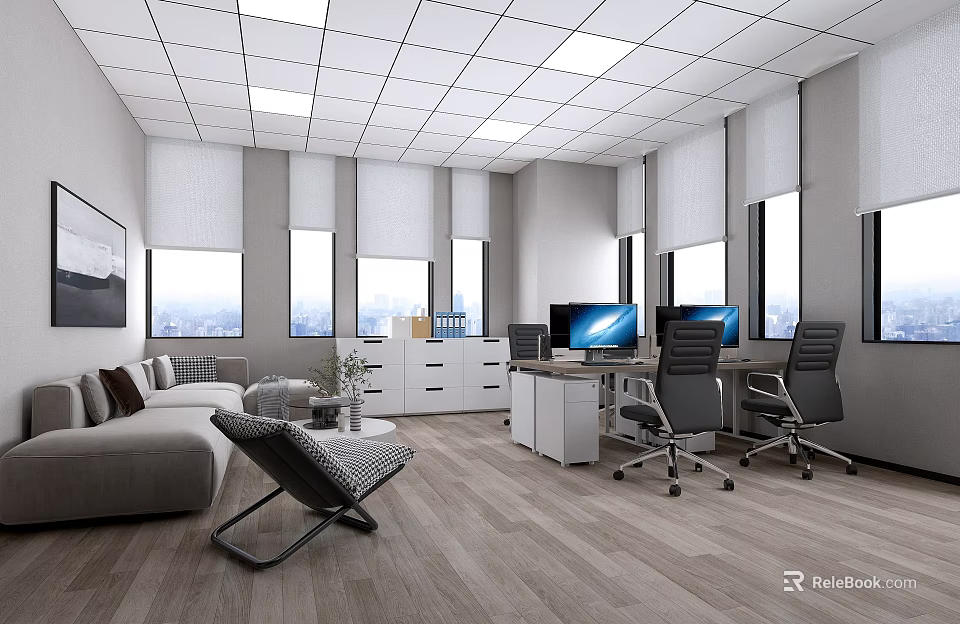 Modern Office Interior With Open Layout Sofa Desks Computers Windows And Curtains 3d model