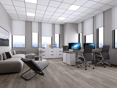 Modern Office Interior With Open Layout Sofa Desks Computers Windows And Curtains 3d model