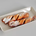 Fresh Delicious Twisted Bread Dusted With Powdered Sugar Placed On Light Colored Rectangular Tray