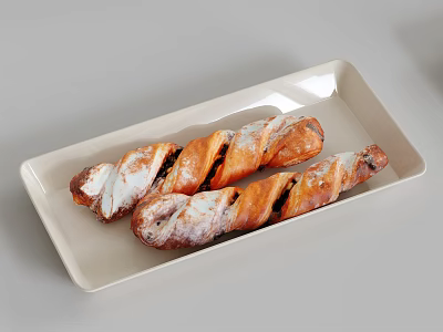 Fresh Delicious Twisted Bread Dusted With Powdered Sugar Placed On Light Colored Rectangular Tray 3d model