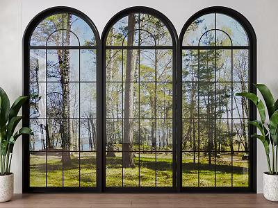 Arched Floor to Ceiling Windows With Scenic Woods Lawn And Potted Plants 3d model