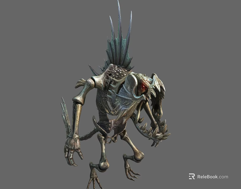 Menacing Fantasy Mechanical Skeleton Creature Character With Spiked Back Red Eyes And Sharp Claws 3d model 