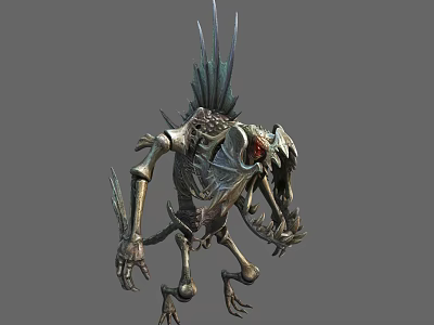 Menacing Fantasy Mechanical Skeleton Creature Character With Spiked Back Red Eyes And Sharp Claws 3d model