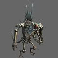 Menacing Fantasy Mechanical Skeleton Creature Character With Spiked Back Red Eyes And Sharp Claws