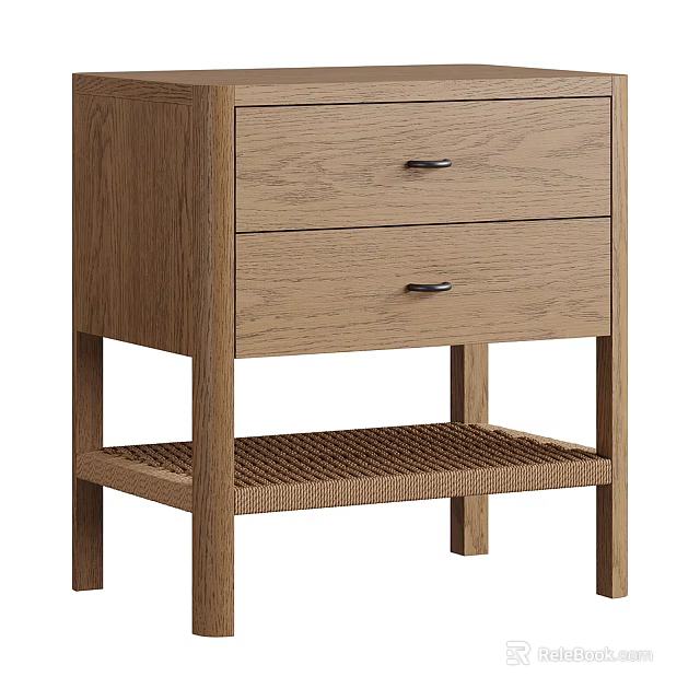 Modern Oak Bedside Table With Two Drawers And Lower Rattan Shelf Minimalist Design 3d model 