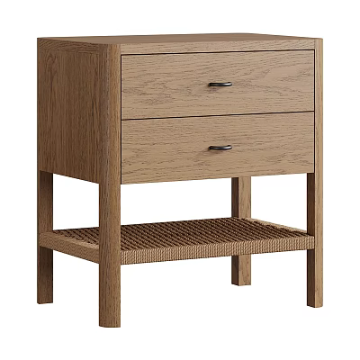 Modern Oak Bedside Table With Two Drawers And Lower Rattan Shelf Minimalist Design 3d model