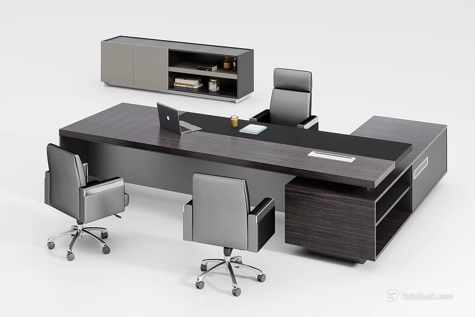 Dark Wood Office Desk With Three Gray Chairs Gray Cabinet Laptop Cup And Documents 3d model 