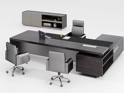 Dark Wood Office Desk With Three Gray Chairs Gray Cabinet Laptop Cup And Documents 3d model