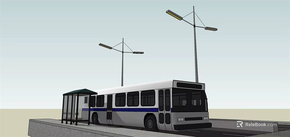 Bus Station With Waiting Shelter And Parked Bus Under Street Lights 3d model 
