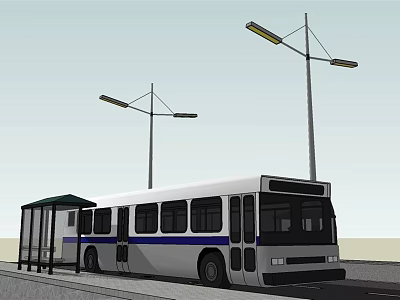 Bus Station With Waiting Shelter And Parked Bus Under Street Lights 3d model