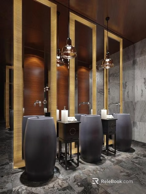 Hotel Bathroom Interior With Marble Walls Wooden Accents Vanities And Hanging Lights 3d model 