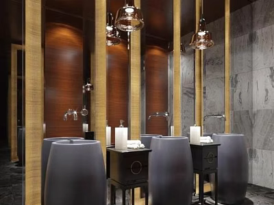 Hotel Bathroom Interior With Marble Walls Wooden Accents Vanities And Hanging Lights 3d model