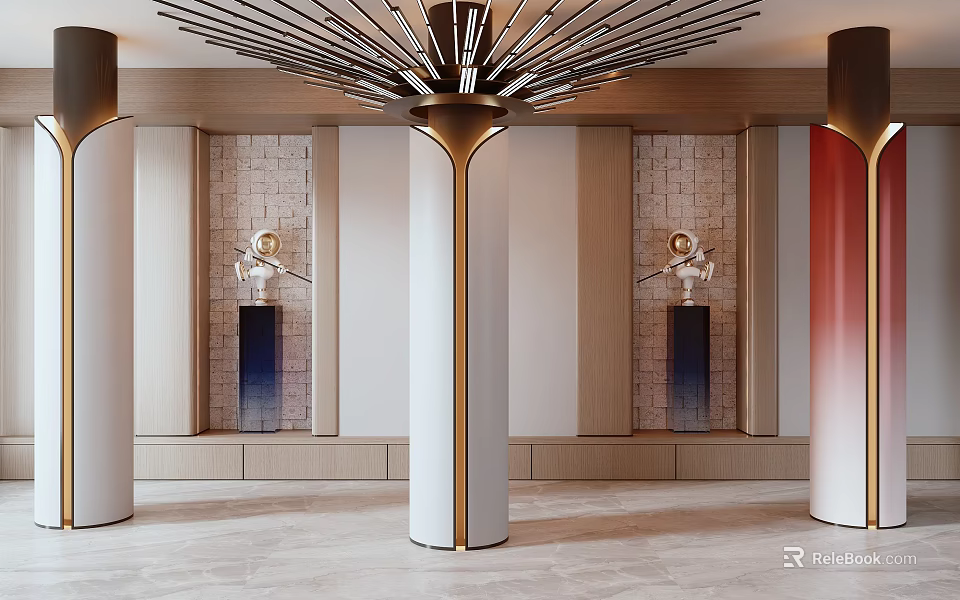 Stunning Decorative Columns With Gold Trim Radiant Ceiling Light And Sculptural Accents 3d model 