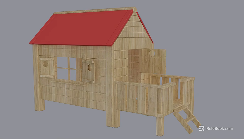Small Wooden House With Red Roof Porch Window And Stairs 3d model 
