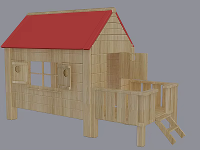 Small Wooden House With Red Roof Porch Window And Stairs 3d model