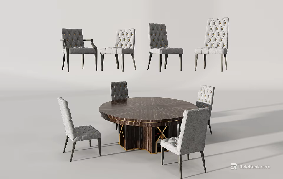 Modern Round Dining Table Set With Marble Top And Tufted Upholstered Chairs 3d model