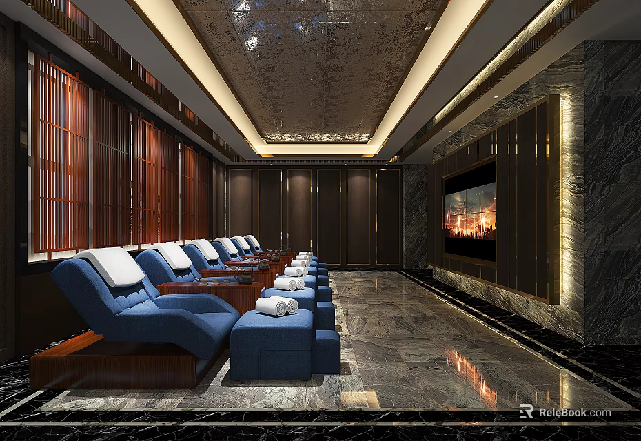 Luxury SPA Sauna Lounge With Comfortable Reclining Chairs TV And Marble Floor 3d model 