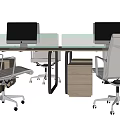Modern Office Desk Setup With Glass Top Computer Monitors And Drawer Cabinets 3d model