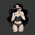 Woman With Long Black Curly Hair In Black Lace Lingerie Kneeling On Gray Background