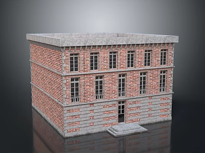 Two Story Brick Building With Gray Accents Windows And Entrance Steps 3d model