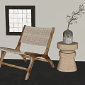 Modern Leisure Chair With Wooden Frame Woven Rope Design And Side Table Decorative Vase