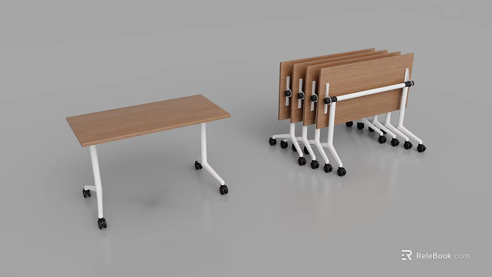 Modern Folding Conference Table With Wooden Top White Frame And Rolling Wheels 3d model 