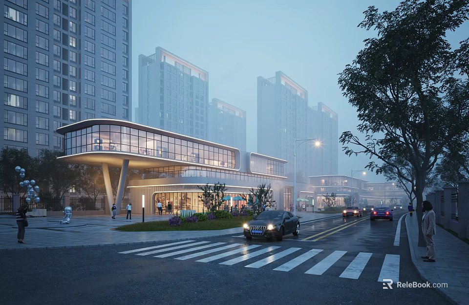 Modern Commercial Street With Glass Facade High Rise Buildings And Illuminated Street Scene 3d model 