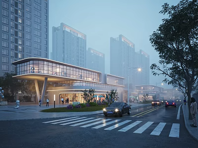 Modern Commercial Street With Glass Facade High Rise Buildings And Illuminated Street Scene 3d model