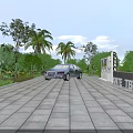 Road Infrastructure Featuring Gray Brick Pavement Blue Car Green Plants And White Tea Signboard
