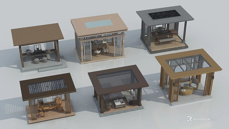 Various Garden Pavilion Designs With Diverse Roof Styles And Outdoor Seating 3d model 