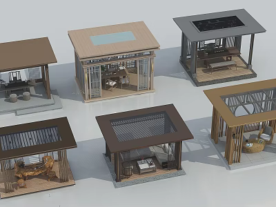 Various Garden Pavilion Designs With Diverse Roof Styles And Outdoor Seating 3d model