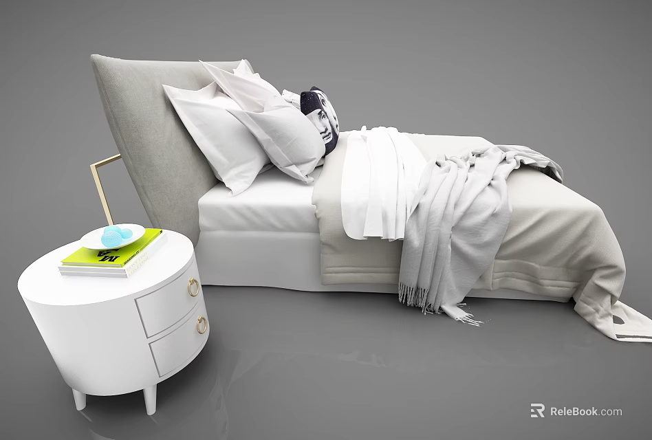 Cozy Double Bed With Gray Headboard Pillows Blanket And Bedside Table With Books Blue Bowl 3d model 