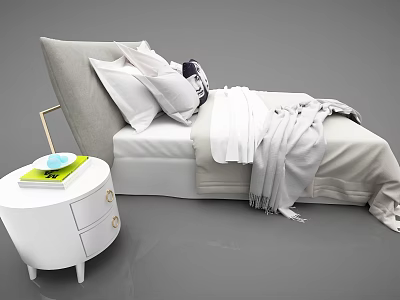 Cozy Double Bed With Gray Headboard Pillows Blanket And Bedside Table With Books Blue Bowl 3d model