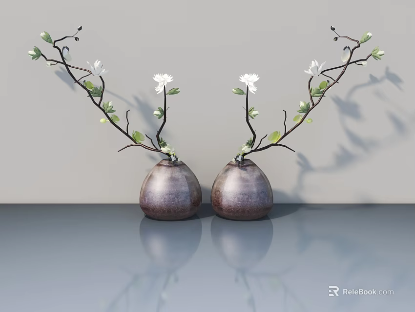 Elegant Swing Door With Ceramic Vases And White Flower Branches On Smooth Surface 3d model