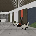 Modern Store Front Desk With Marble Counter Wooden Slat Ceiling And Gray Tile Floor