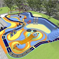Colorful Children's Play Area With Slides Climbing Structures And Green Lawn