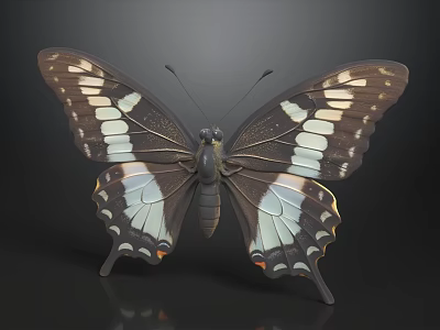 Butterfly With Black And White Patterned Wings On Black Background With Yellow Orange Accents 3d model
