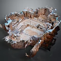 Cartoon Scene of Ancient Circular Ruin With Broken Walls Stone Steps and Empty Space