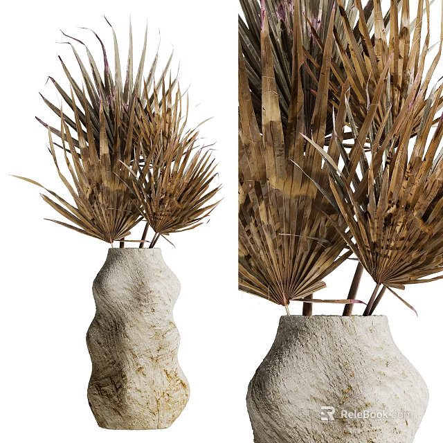 Textured Stone Vase with Dried Palm Fronds for Modern Interior Decoration 3d model 