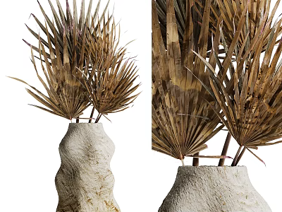 Textured Stone Vase with Dried Palm Fronds for Modern Interior Decoration 3d model