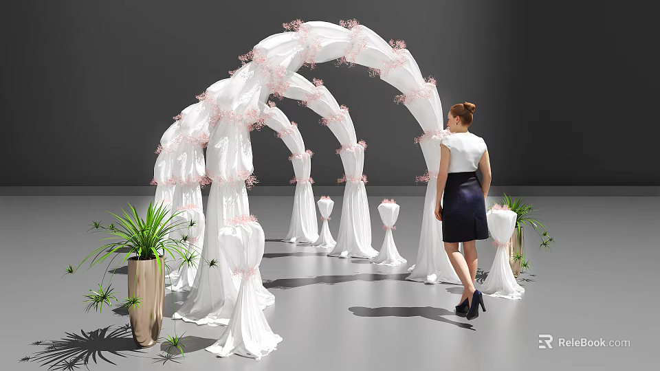 White Wedding Arch With Pink Fabric Decorations And Green Plants Near Standing Woman 3d model 