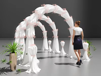 White Wedding Arch With Pink Fabric Decorations And Green Plants Near Standing Woman 3d model