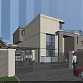 Modern Detached Villa Exterior With Stone Facade Large Windows Front Yard And Red Car
