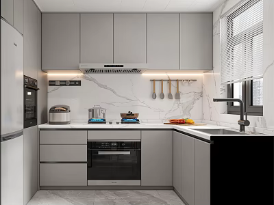 Modern Kitchen Interior With Gray Cabinets Marble Countertop Stainless Steel Appliances And Hanging Utensils 3d model